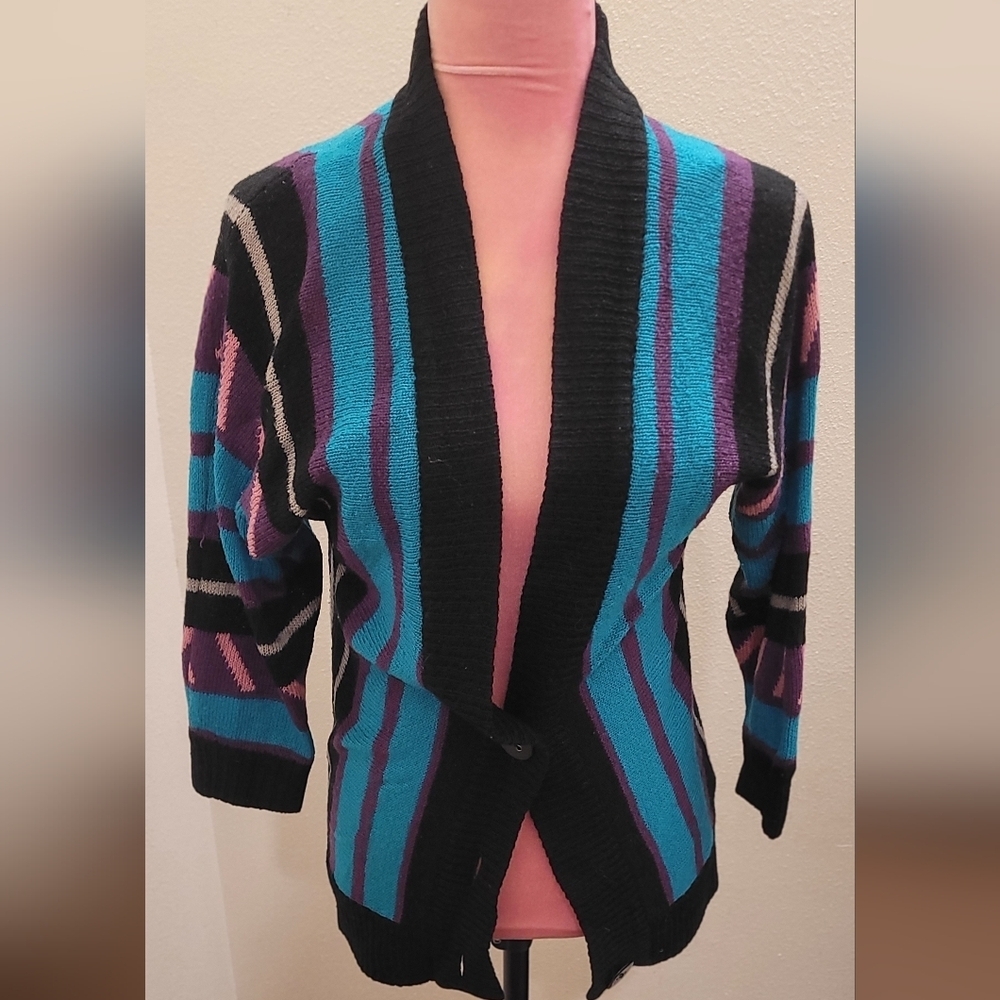 Boutique Forever 21 Black and Teal Striped Cardigan